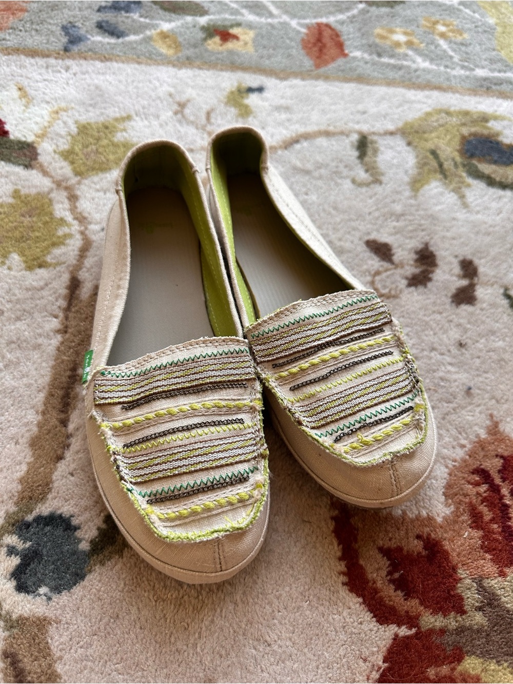 Sanuk Woven Slip On Flats Loafers Womens Size 9 Beige Lime Green Size 9